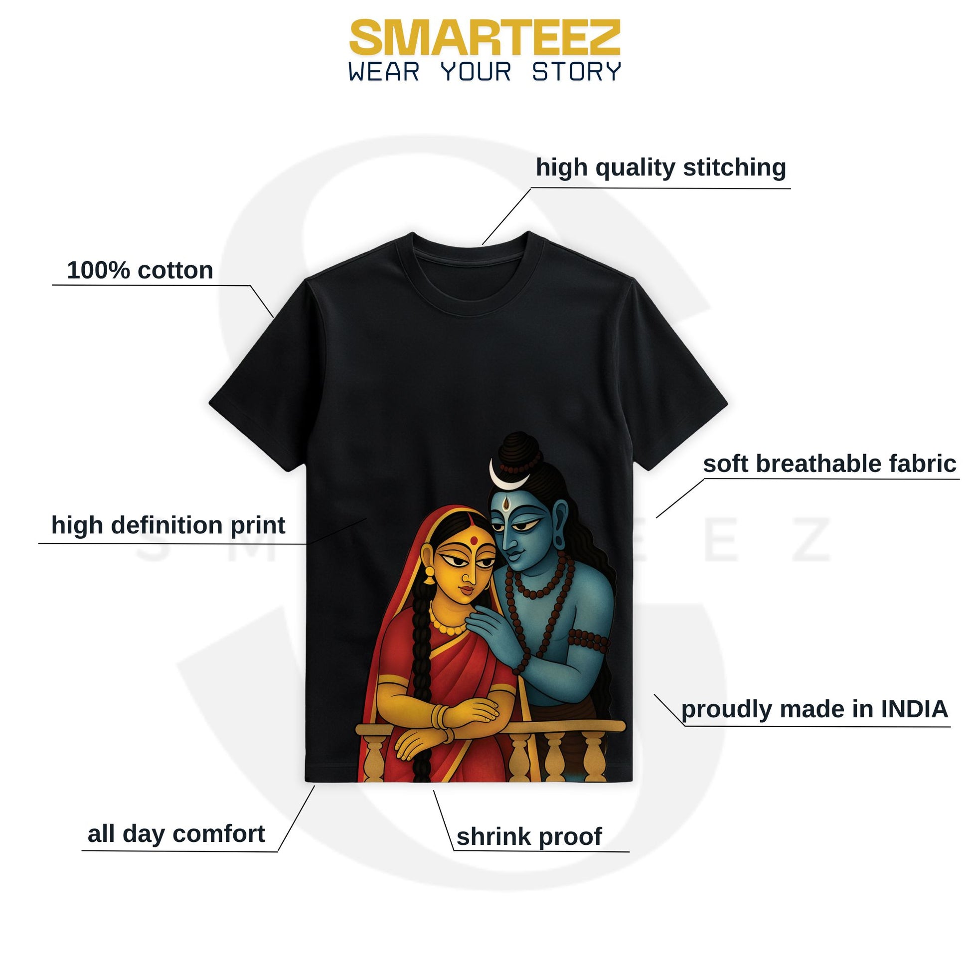 Close-up of Shiva-Parvati folk-art print on black T-shirt, showing detailed illustration of the couple's faces and jewelry