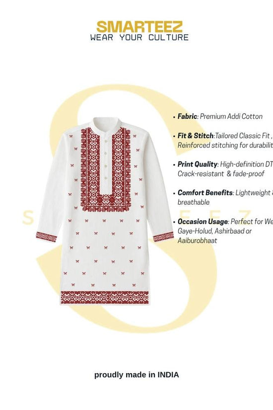Utsav Buti Kurta - Wedding Cotton Kurta in Bengali design with red traditional motifs on white fabric, ideal for festive and wedding wear.