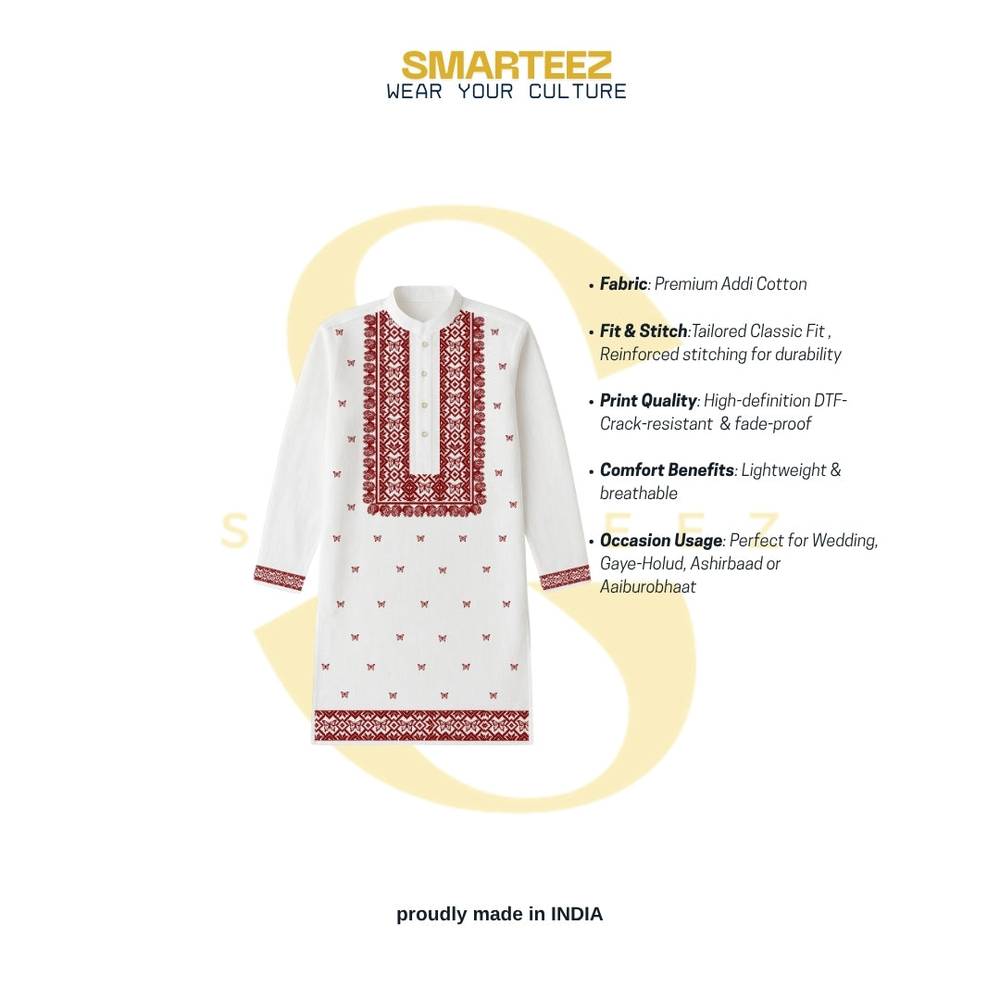 Utsav Buti Kurta - Wedding Cotton Kurta in Bengali design with red traditional motifs on white fabric, ideal for festive and wedding wear.