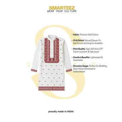 Utsav Buti Kurta - Wedding Cotton Kurta in Bengali design with red traditional motifs on white fabric, ideal for festive and wedding wear.