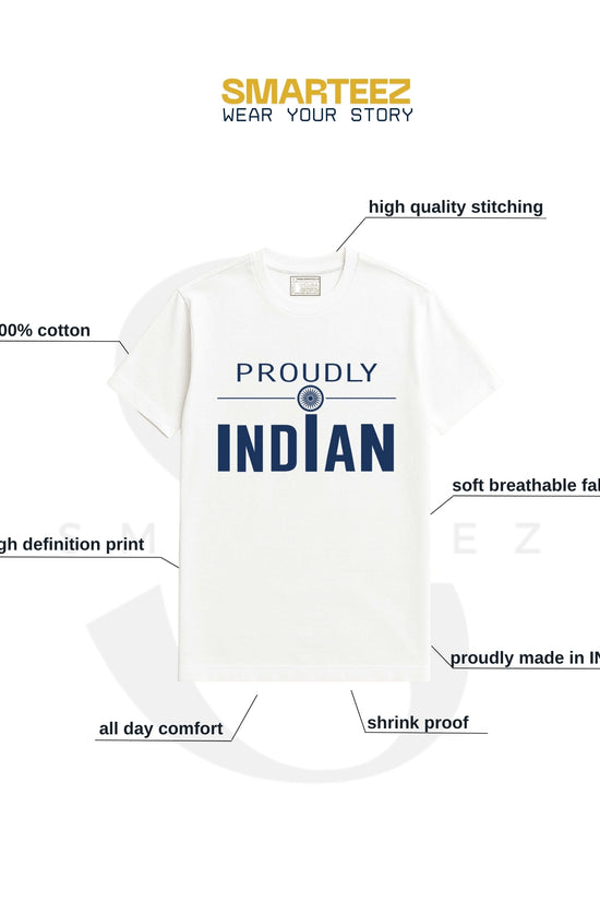 Proudly Indian – Indian T shirt in white with bold blue text, Ashoka Chakra motif, made from 100% cotton with high-quality stitching and breathable fabric.