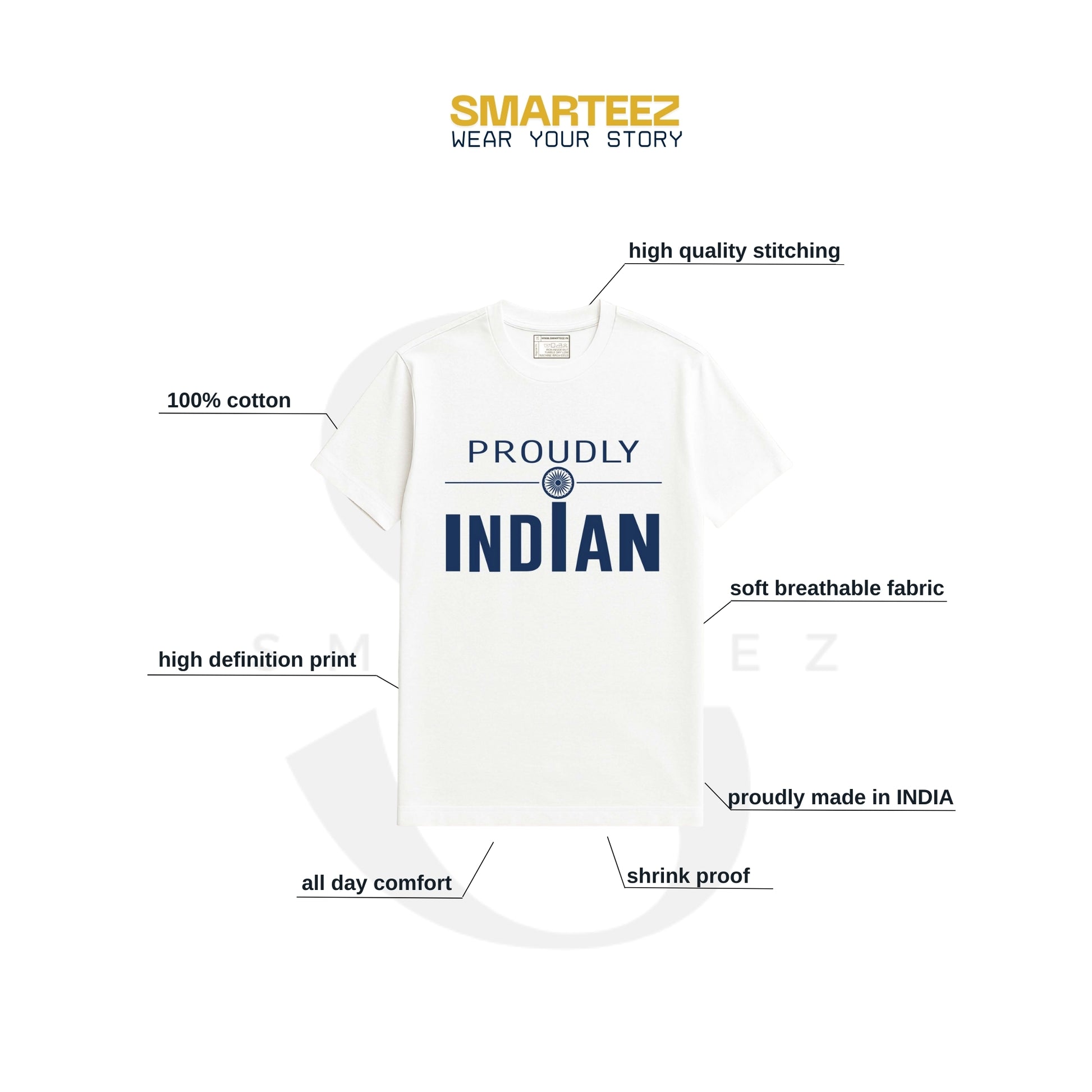 Proudly Indian – Indian T shirt in white with bold blue text, Ashoka Chakra motif, made from 100% cotton with high-quality stitching and breathable fabric.
