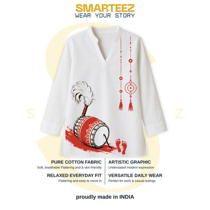 Smarteez Durga Puja 2026 women's kurti — dhak and festive print detail on premium white cotton short kurti for Puja wear