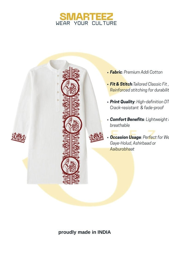 Subho Drishti Wedding Kurta in premium cotton with red Bengali motifs, tailored classic fit ideal for weddings and traditional occasions.