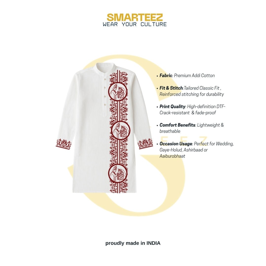 Subho Drishti Wedding Kurta in premium cotton with red Bengali motifs, tailored classic fit ideal for weddings and traditional occasions.