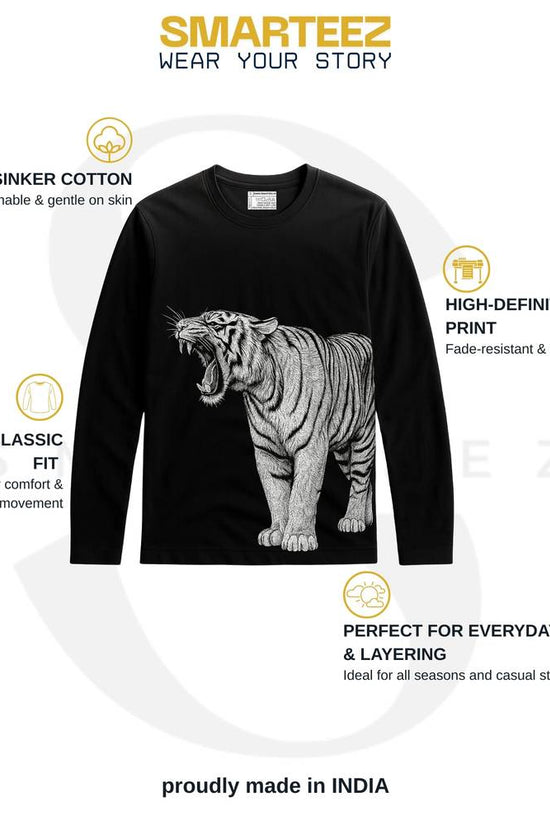 Bengal Tiger T-Shirt - Unisex Design with roaring tiger graphic on black full sleeves, 100% cotton, 180 GSM, ideal for casual wear and layering.
