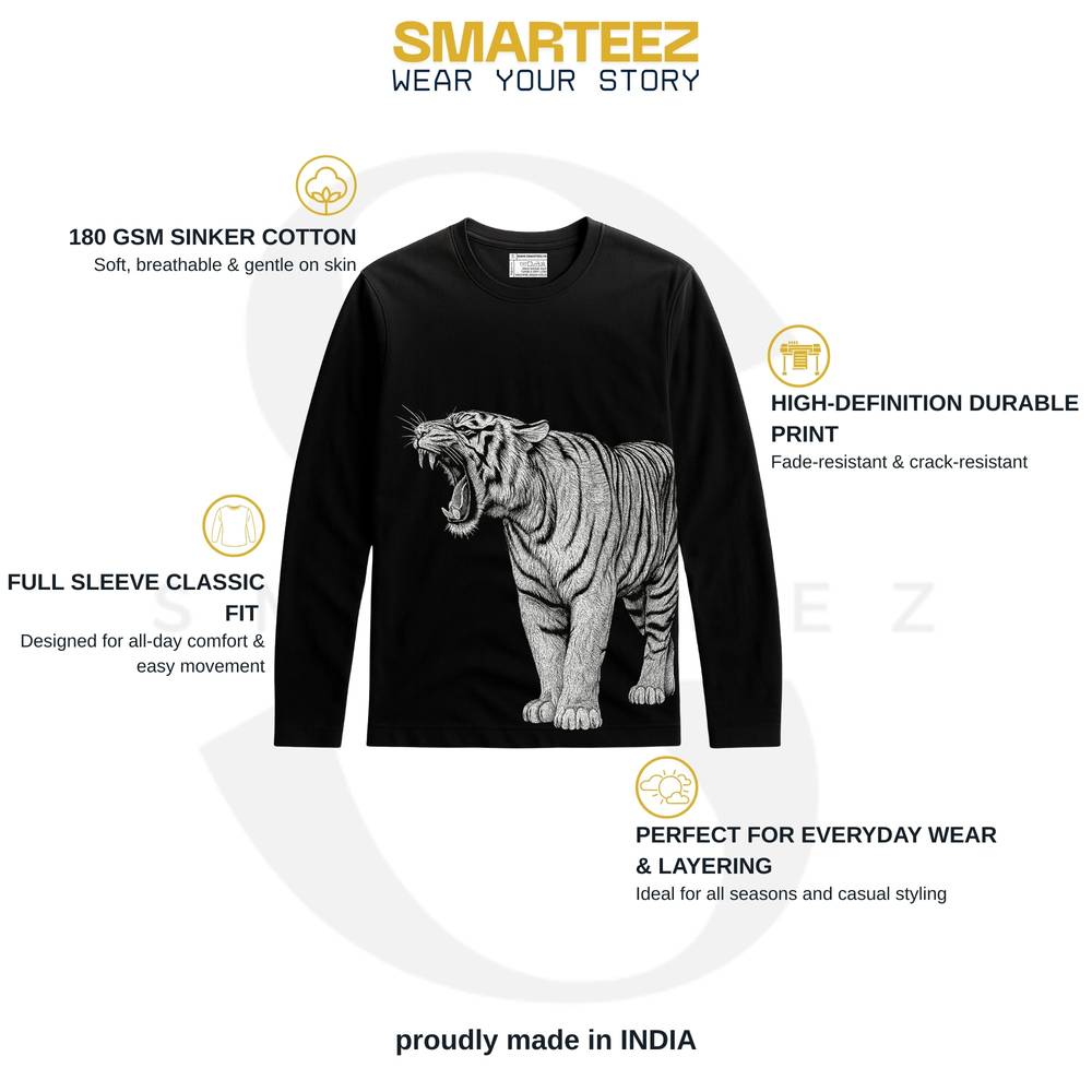 Bengal Tiger T-Shirt - Unisex Design with roaring tiger graphic on black full sleeves, 100% cotton, 180 GSM, ideal for casual wear and layering.