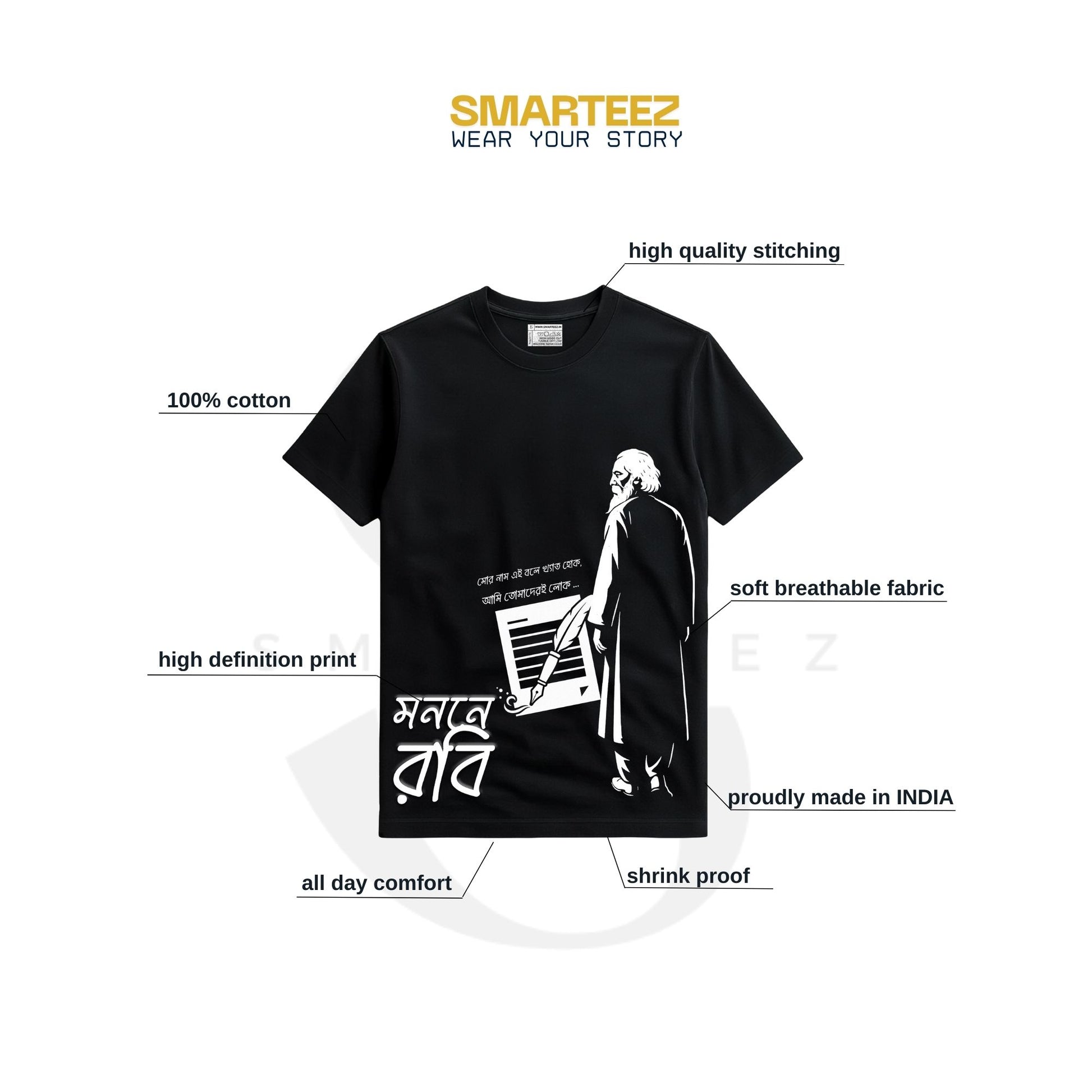 Monon-e Robi Rabindranath Tagore T-Shirt with feature highlights like 100% cotton, breathable fabric, and high-definition print for daily wear.