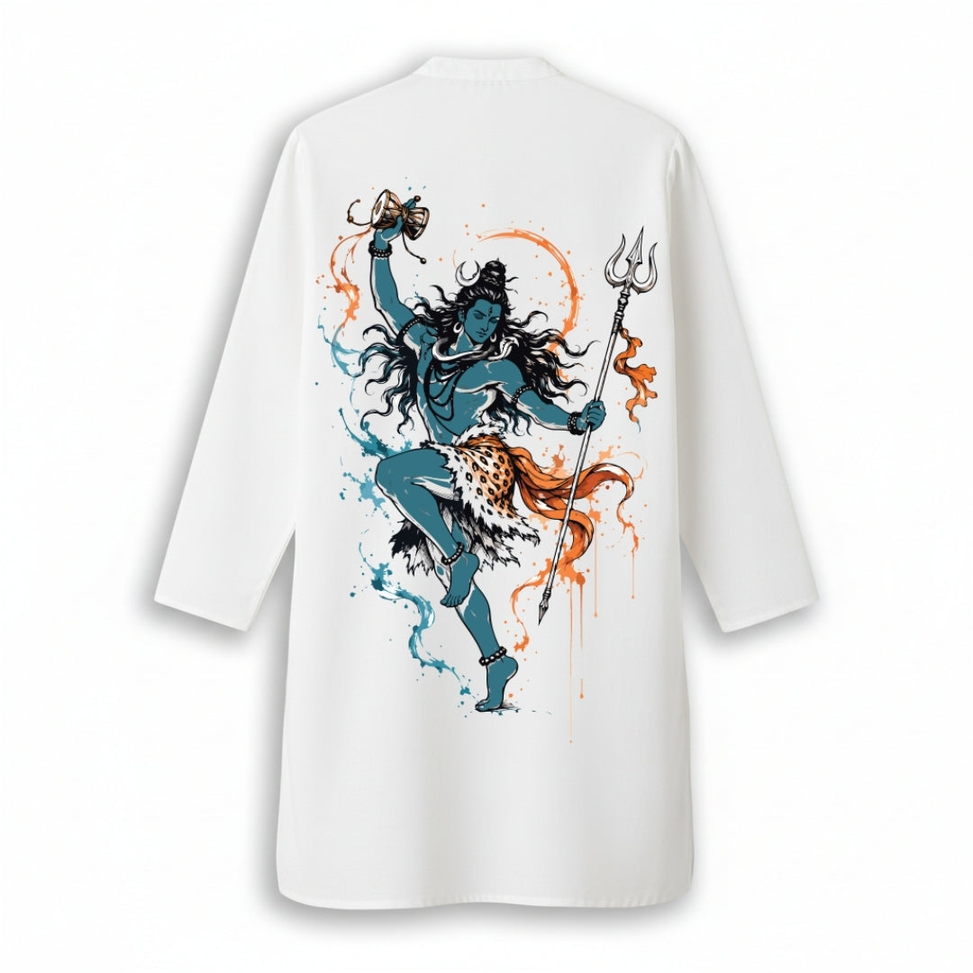Side view of Shiva Nataraj Tandav panjabi showing blue-teal and orange watercolor print detail
