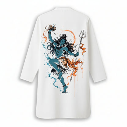Side view of Shiva Nataraj Tandav panjabi showing blue-teal and orange watercolor print detail