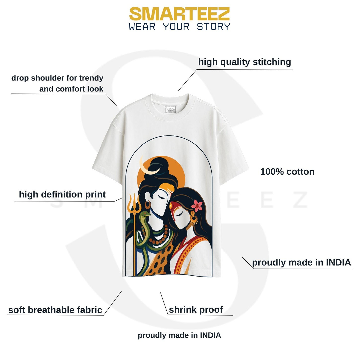 White Gauri Shankar oversized T-shirt featuring bold flat-illustration Shiva and Parvati artwork in an arched frame