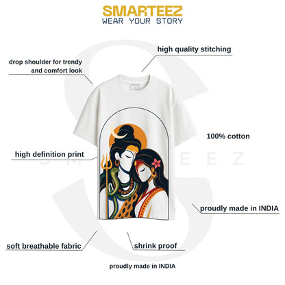 White Gauri Shankar oversized T-shirt featuring bold flat-illustration Shiva and Parvati artwork in an arched frame