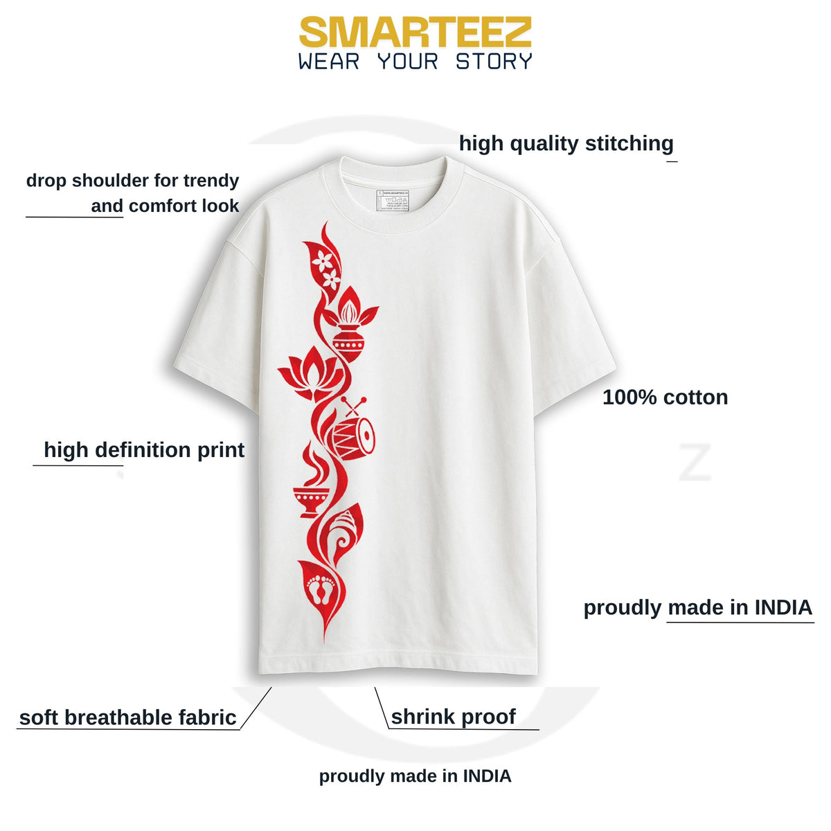 Smarteez Puja Upachar Oversized T-Shirt product infographic showing fabric, fit, print quality and occasion details