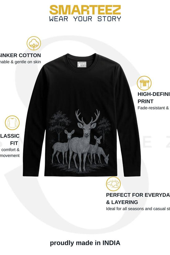 Deer T Shirt - Wildlife of Bengal in black with full sleeves, featuring a high-definition print of a stag and deer herd on soft 180 GSM cotton.