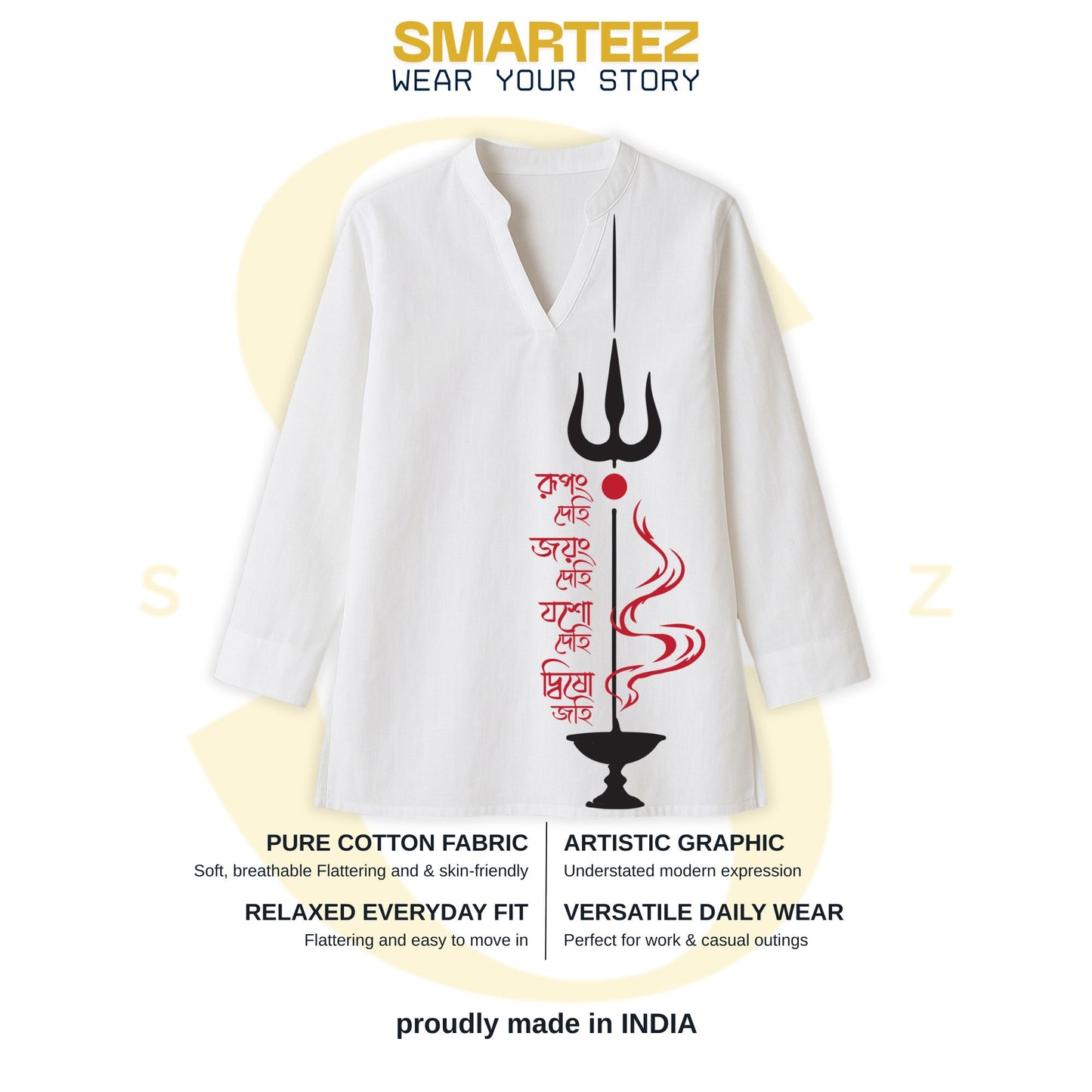 Argala Stotram Short Kurti for Women — Trishul, Diya & Bengali Verse Print