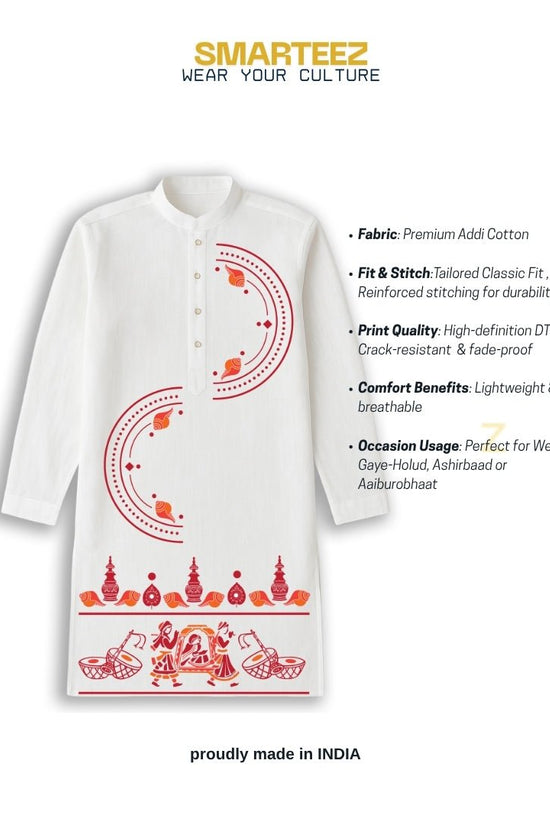 Bodhu Boron wedding kurta with product highlights including premium cotton, cultural motifs, and tailored fit. Perfect for weddings and festive wear.