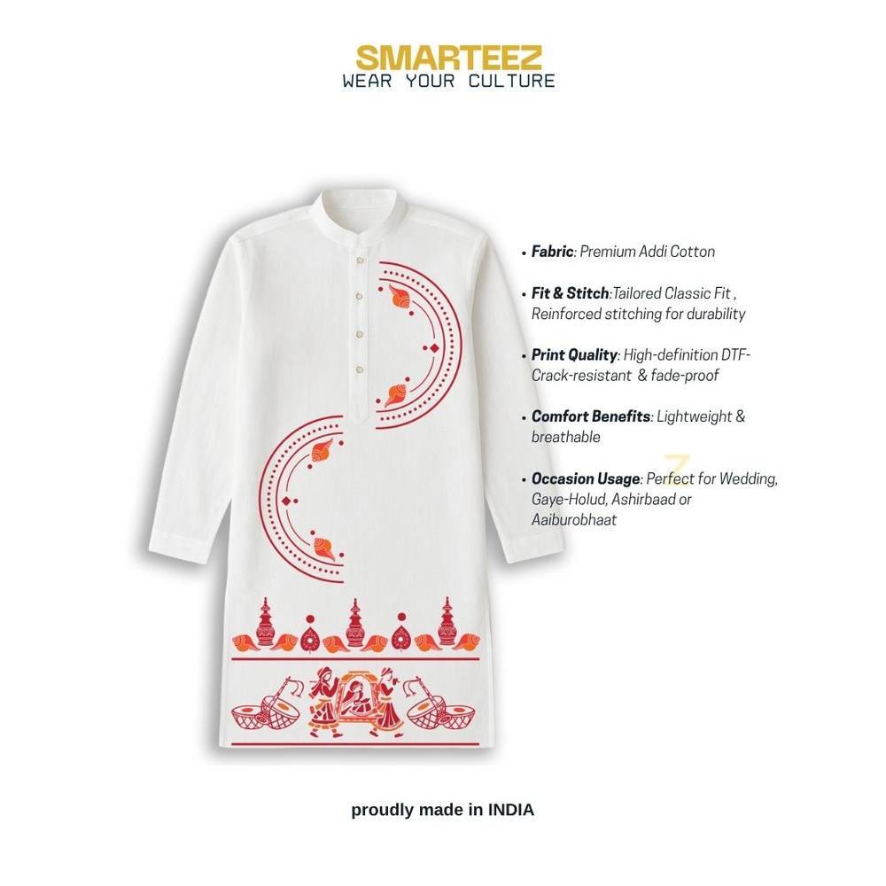 Bodhu Boron wedding kurta with product highlights including premium cotton, cultural motifs, and tailored fit. Perfect for weddings and festive wear.