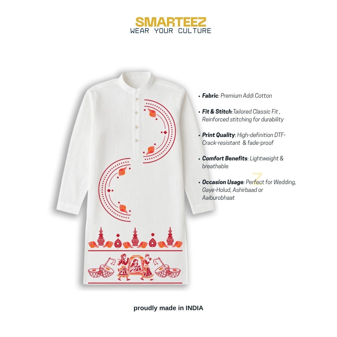 Bodhu Boron wedding kurta with product highlights including premium cotton, cultural motifs, and tailored fit. Perfect for weddings and festive wear.