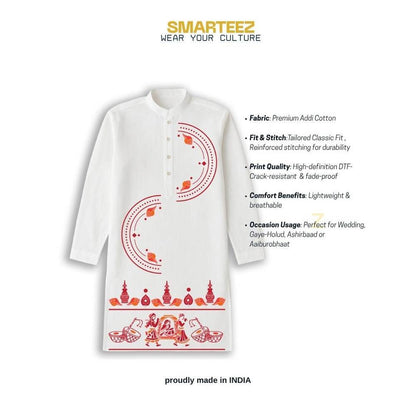 Bodhu Boron wedding kurta with product highlights including premium cotton, cultural motifs, and tailored fit. Perfect for weddings and festive wear.