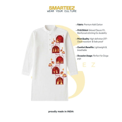 Pujo Scroll Panjabi — Five Moments of Durga Puja Print on White Cotton Panjabi for Durga Puja 2026