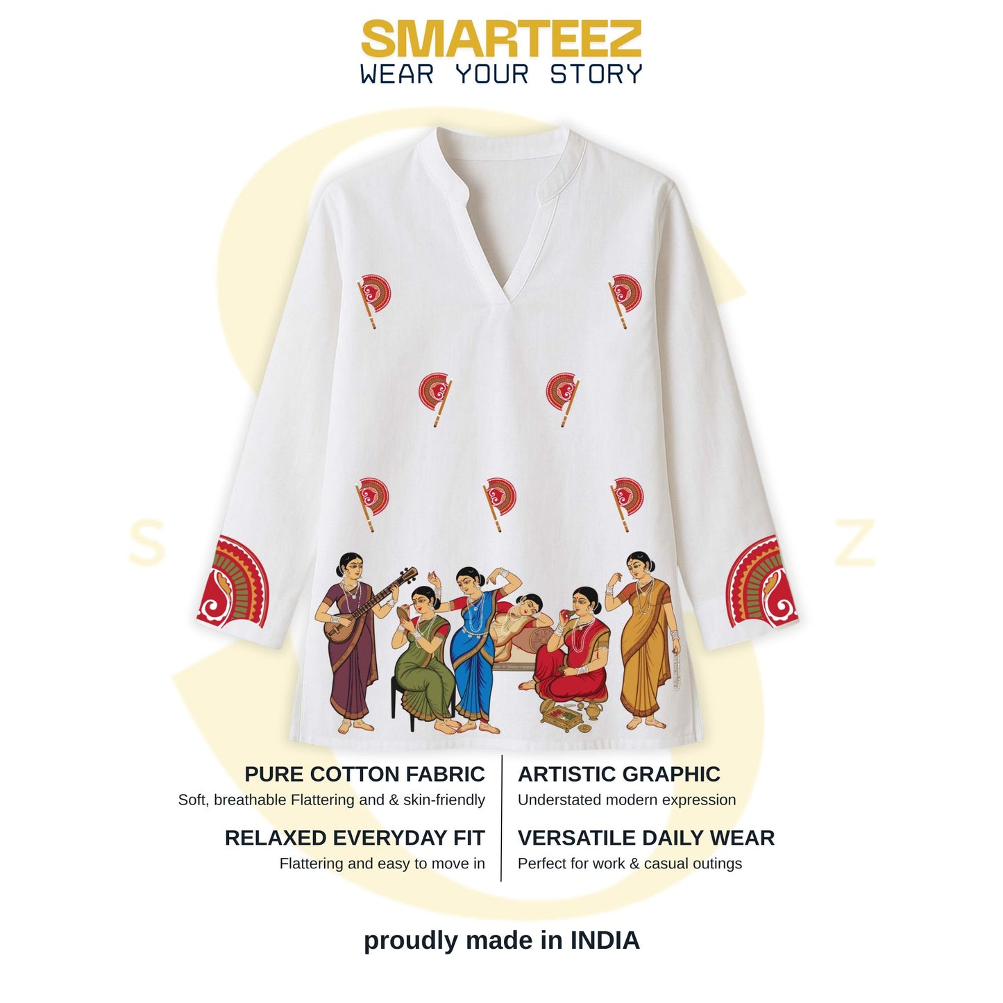 Mahila Mahal Kurti — Kalighat Folk Art on White Short Kurti