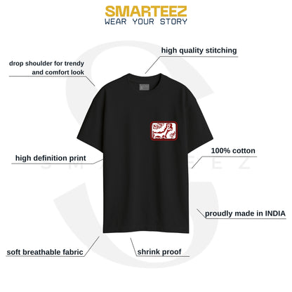 Feature breakdown of Deer Sahaj Path T-Shirt showing 100% cotton, high-definition print, drop shoulder, and breathable oversized fit.