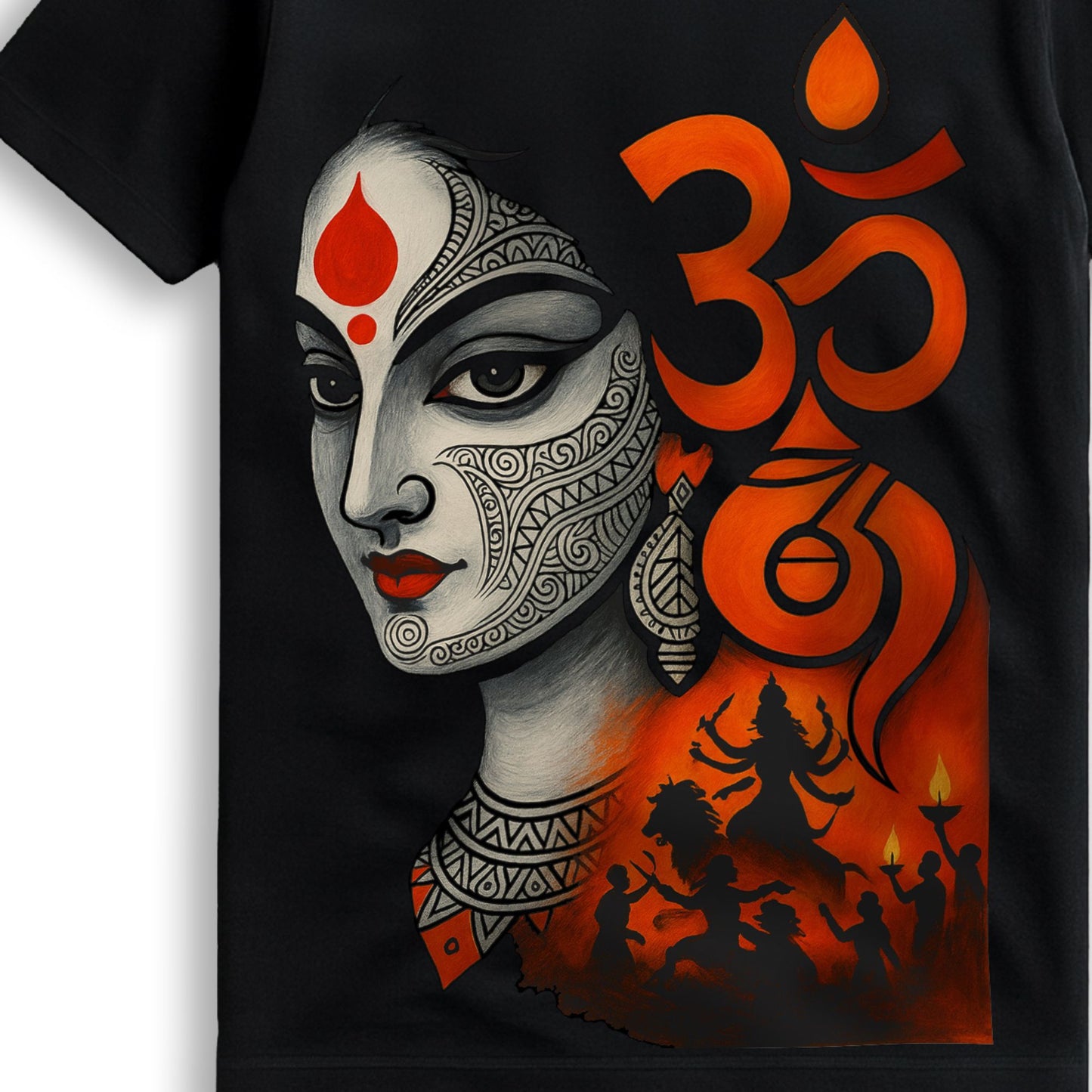 Om Shakti Durga Puja T-shirt styled on model, festive black tee with orange Om symbol print