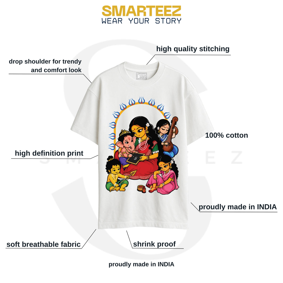 Smarteez Durga Puja t-shirt infographic - Devi Paribar oversized cotton tee fabric, fit and print details