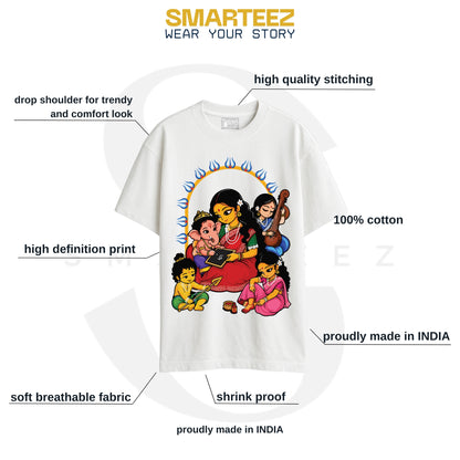 Smarteez Durga Puja t-shirt infographic - Devi Paribar oversized cotton tee fabric, fit and print details