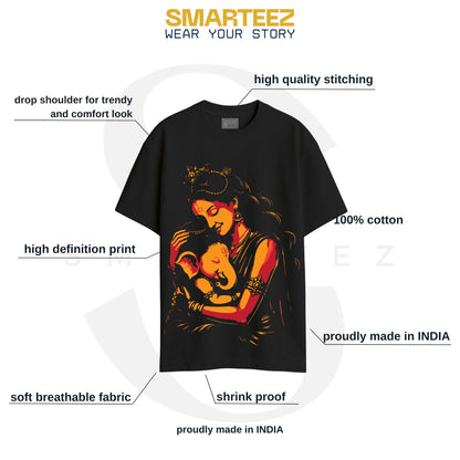 Smarteez Durga Puja t-shirt infographic - Devi and Ganesha oversized cotton tee fabric, fit and print details