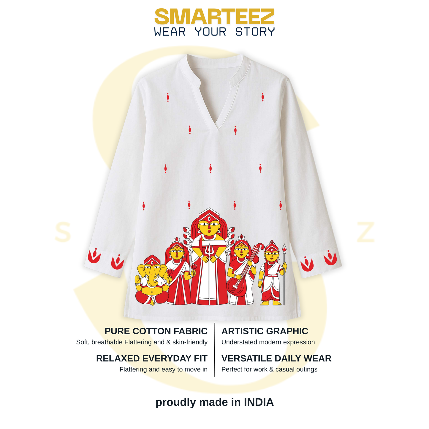 Smarteez Durga Puja kurti for women — pure cotton, relaxed everyday fit, V-neck full-sleeve short kurti with Maa Durga and family print, proudly made in India