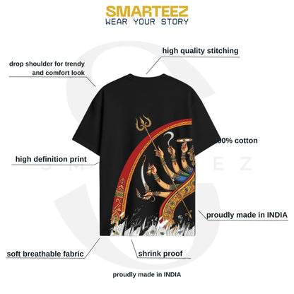 Smarteez Durga Puja 2026 black oversized tee — Pattachitra eight arms back-print, unisex drop-shoulder fit, premium cotton