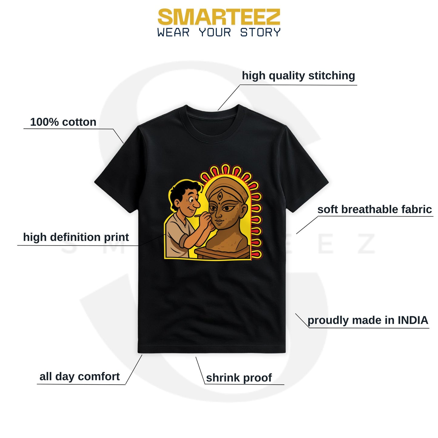 Idol Maker T-shirt flat lay — Kumartuli idol maker tribute design on black unisex regular fit tee