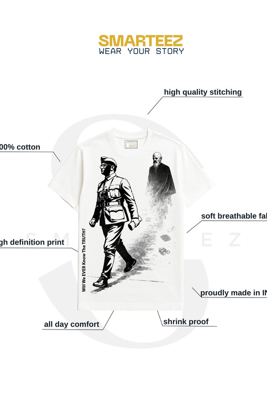 Will We Ever Know – Netaji T-shirt with high-definition print of Subhas Chandra Bose, made from 100% cotton and soft breathable fabric. Unisex fit with high-quality stitching, shrink-proof and proudly made in India.