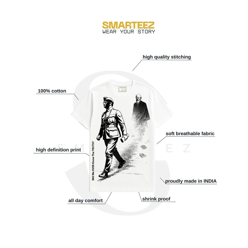 Will We Ever Know – Netaji T-shirt with high-definition print of Subhas Chandra Bose, made from 100% cotton and soft breathable fabric. Unisex fit with high-quality stitching, shrink-proof and proudly made in India.