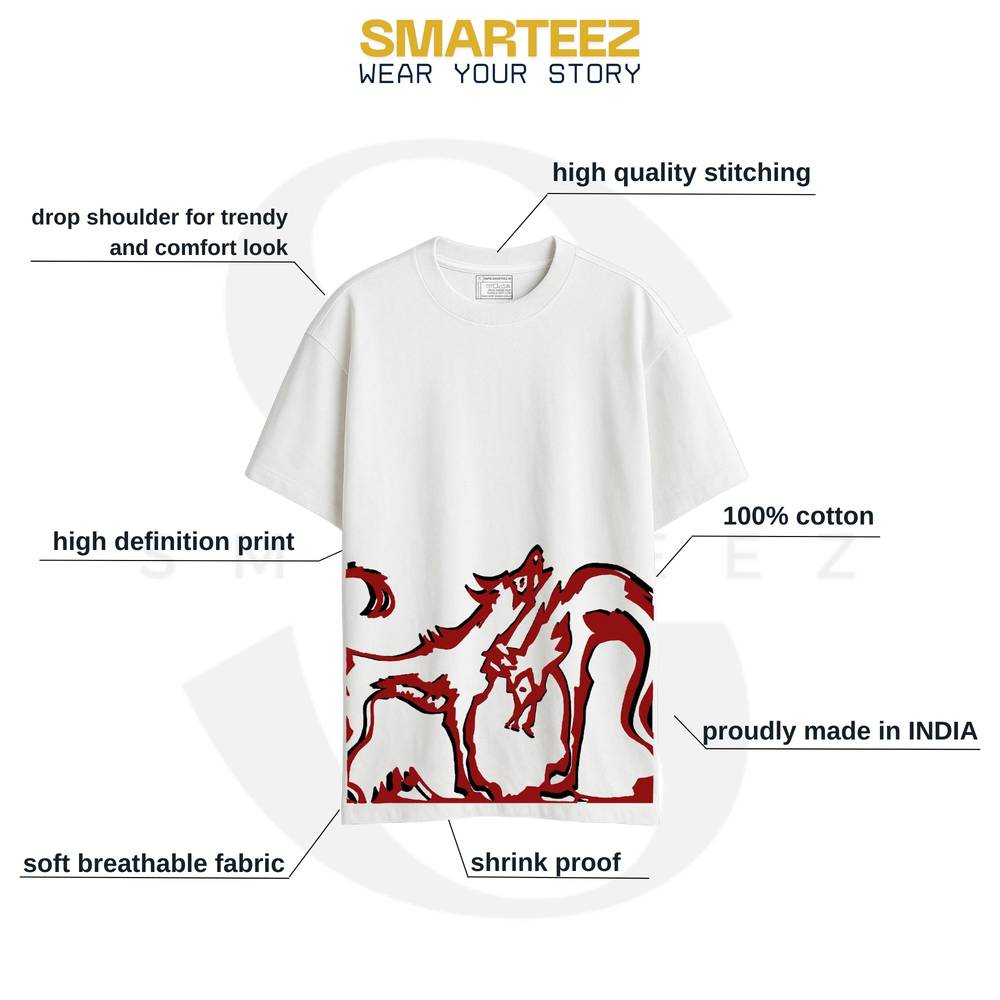 Sahaj Path T-Shirt with labeled features including drop shoulder, breathable cotton, high-definition print, and made in India quality.