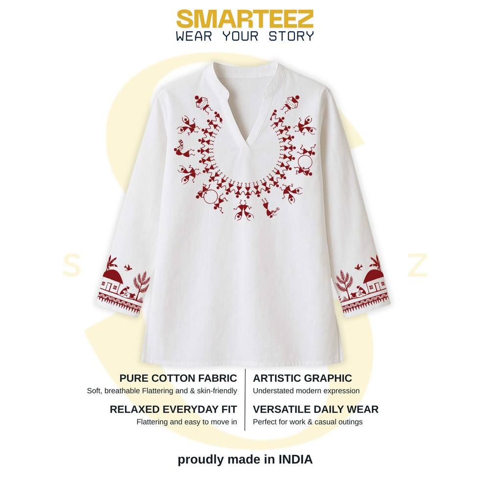 Warli Dance Kurti — Tribal Folk Art Necklace Print on White Short Kurti