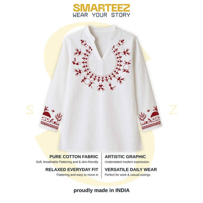 Warli Dance Kurti — Tribal Folk Art Necklace Print on White Short Kurti