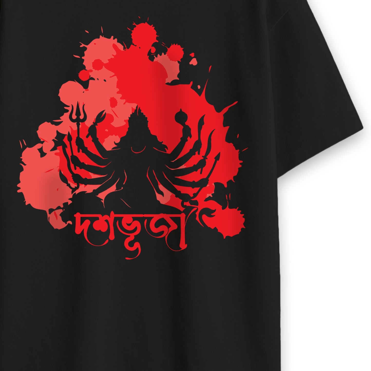 Dashabhuja Durga Puja oversized T-shirt styled on model, bold ten-armed goddess design