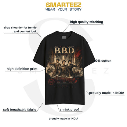 Feature infographic for B.B.D. oversized T-shirt showing 100% cotton, high definition print, drop shoulder fit, high quality stitching, and made in India details