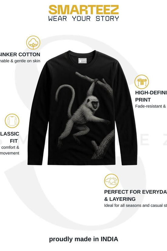 Wildlife T-Shirt - Hanuman Langur Design | Unisex Fit featuring a detailed langur graphic on black full sleeves cotton tee, ideal for casual wear.