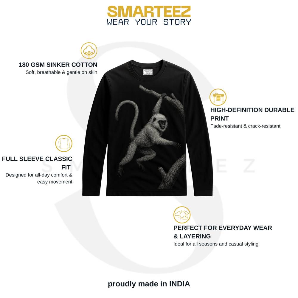 Wildlife T-Shirt - Hanuman Langur Design | Unisex Fit featuring a detailed langur graphic on black full sleeves cotton tee, ideal for casual wear.
