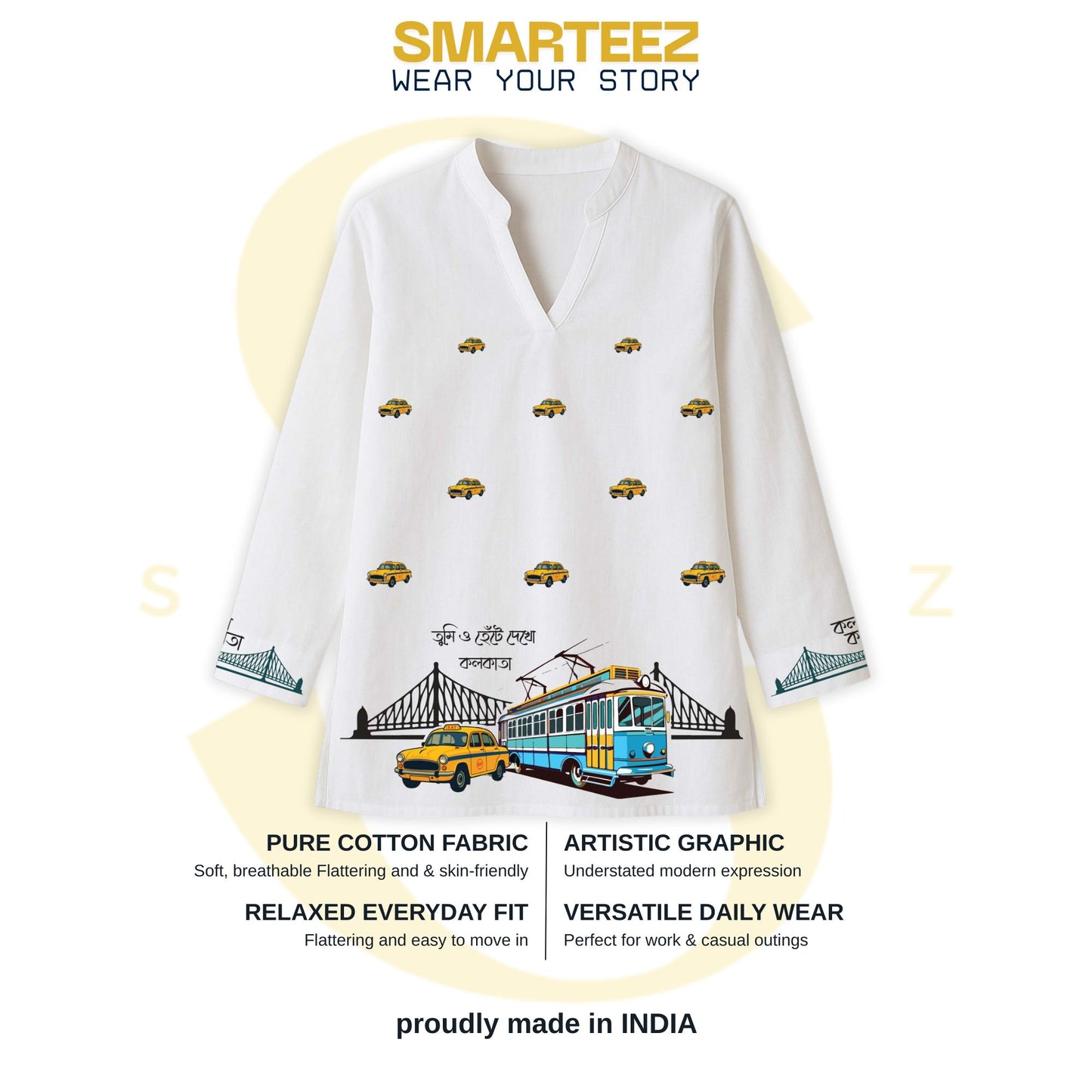 Iconic Kolkata Kurti — Ambassador, Tram & Howrah Bridge Print on White Cotton Short Kurti