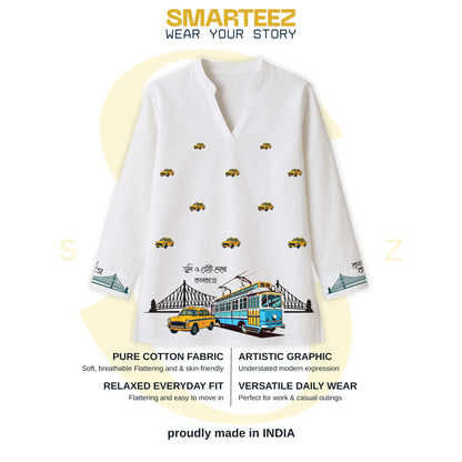 Iconic Kolkata Kurti — Ambassador, Tram & Howrah Bridge Print on White Cotton Short Kurti
