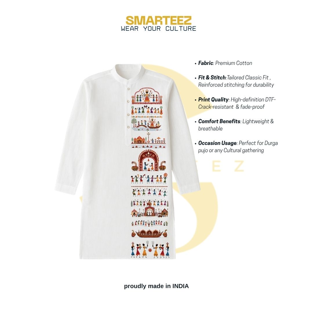 Smarteez Durga Puja Warli Art Panjabi product infographic showing fabric, fit, print quality and occasion details