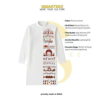 Smarteez Durga Puja Warli Art Panjabi product infographic showing fabric, fit, print quality and occasion details
