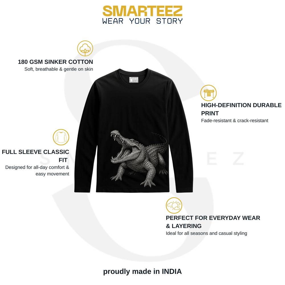 Sundarban Crocodile Tee - Wildlife T-Shirt in black with fierce crocodile graphic, made from 180 GSM premium cotton, full sleeves for comfort.