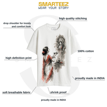 Smarteez Durga Puja t-shirt infographic - Devi Aarti oversized cotton tee fabric, fit and print details