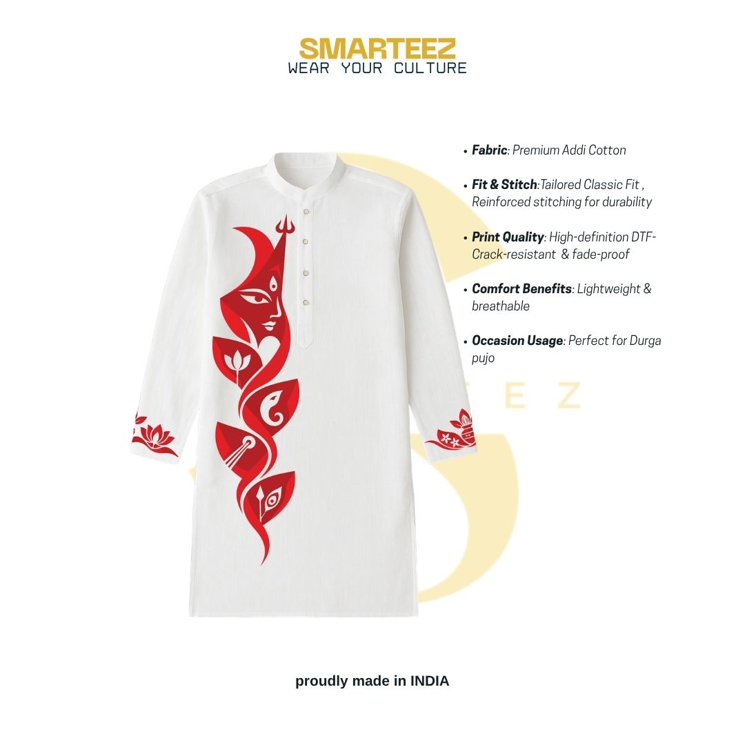 Smarteez Devi and Her Children Panjabi product infographic showing fabric, fit, print quality and occasion details