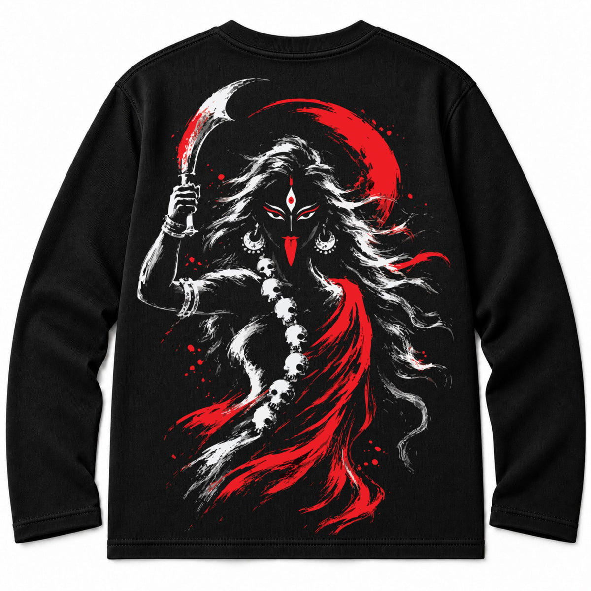 Back view of black Shyama Maa Kali French terry full sleeves T-shirt with Maa Kali artwork, khadga, red moon and skull garland